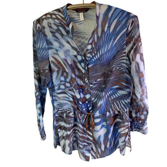 BIANCA of Germany Blue Tropical Print Silk Blend Waist Drawstring Tunic - Picture 6 of 11